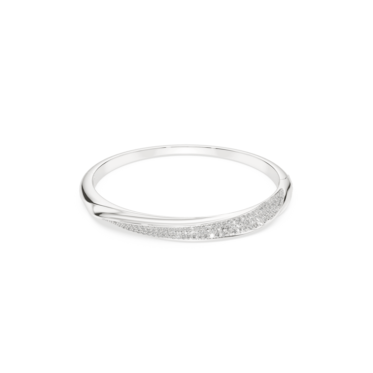A slender and elegant Swarovski Classica bangle in sterling silver, featuring a gently curved design adorned with a row of sparkling round-cut white Swarovski Zirconia, showcased against a plain white background.