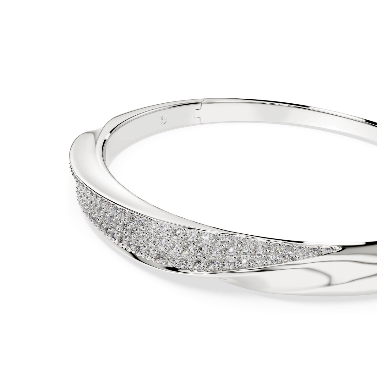 A close-up of the Swarovski Classica bangle by Swarovski, crafted in sterling silver with an overlapping design, showcasing one half adorned with round-cut sparkling white Swarovski Zirconia gemstones, set against a plain white background.