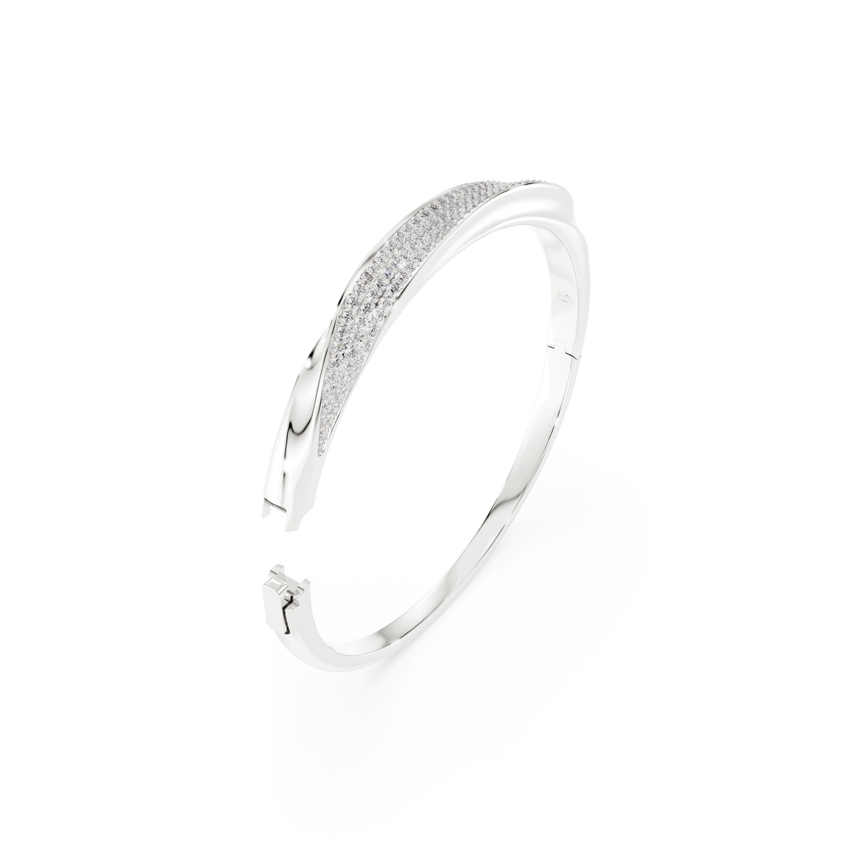 The Swarovski Classica bangle, crafted in sterling silver and adorned with shimmering round-cut Swarovski Zirconia stones in a curved, textured design, is elegantly displayed against a plain white background.