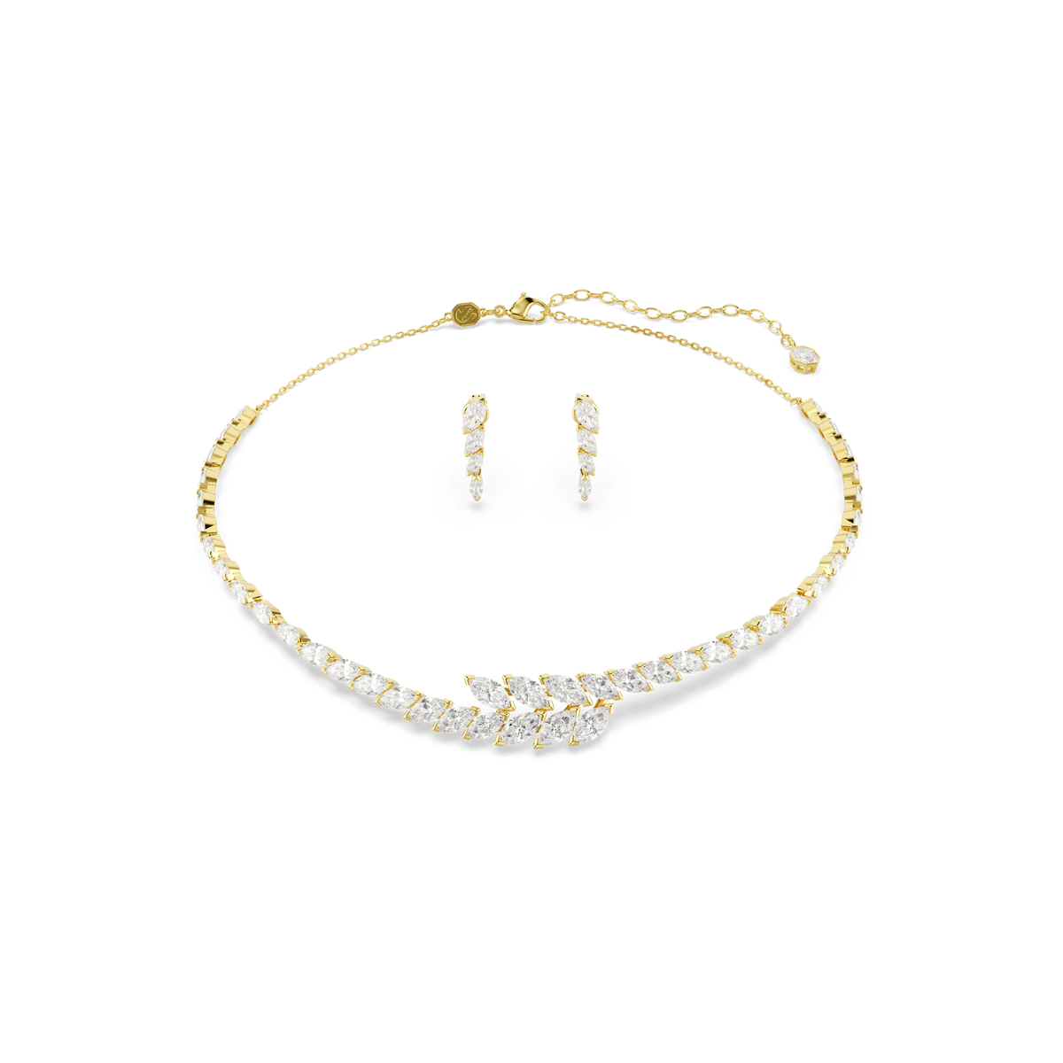 Introducing the Swarovski Mesmera set, a two-piece jewelry ensemble featuring an 18K gold finish. This elegant set includes a necklace adorned with overlapping marquise-cut white Swarovski Zirconia crystals at its center, complemented by matching drop earrings that echo the same marquise-cut design. Presented against a plain light gray background, this sparkling Swarovski creation is perfect for holiday gifting.