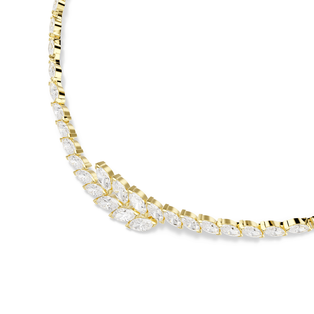 A close-up of the Swarovski Mesmera set, featuring two exquisite pieces with marquise-cut white stones and an 18K gold finish, elegantly arranged in a cluster design against a white background—an ideal gift from Swarovski for the holiday season.