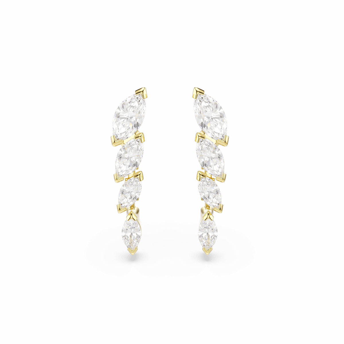Discover the Swarovski Mesmera set—two elegant earrings featuring five marquise-cut white Swarovski Zirconia gemstones arranged in a vertical line and finished in 18K gold, beautifully showcased against a plain white background. An exquisite choice from Swarovski’s Mesmera jewelry collection, perfect for holiday gifting.