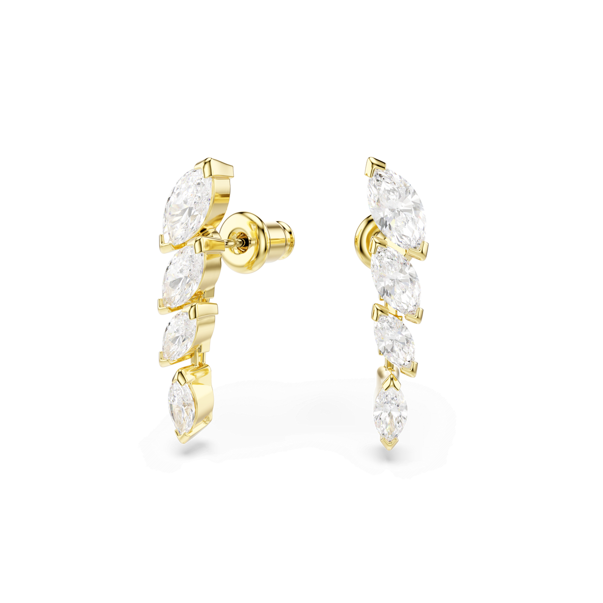 Elevate your holiday gifting with the Swarovski Mesmera set—an exquisite pair of earrings, each adorned with five marquise-cut white Swarovski Zirconia and finished in radiant 18K gold. This stunning duo features a sleek stud back and shiny polish, elegantly presented against a plain white background.