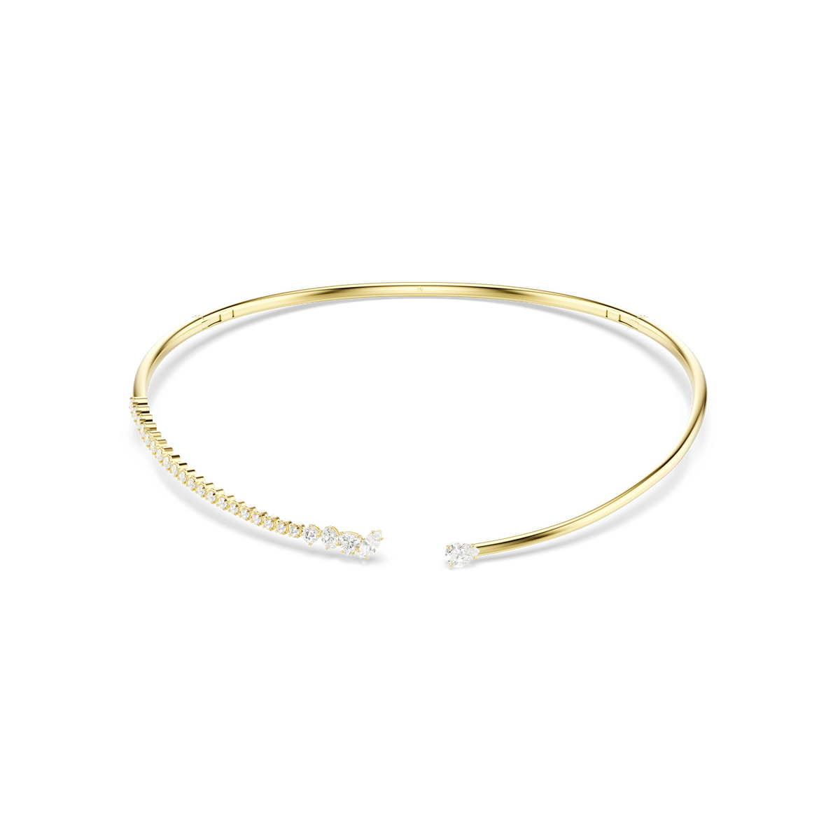 The Swarovski Mesmera choker is an 18K gold-finished necklace featuring a slim, open-front design, adorned with a row of sparkling white mixed-cut stones on one end and a single, eye-catching Swarovski Zirconia on the other—a sophisticated piece from Swarovski that exudes effortless elegance.