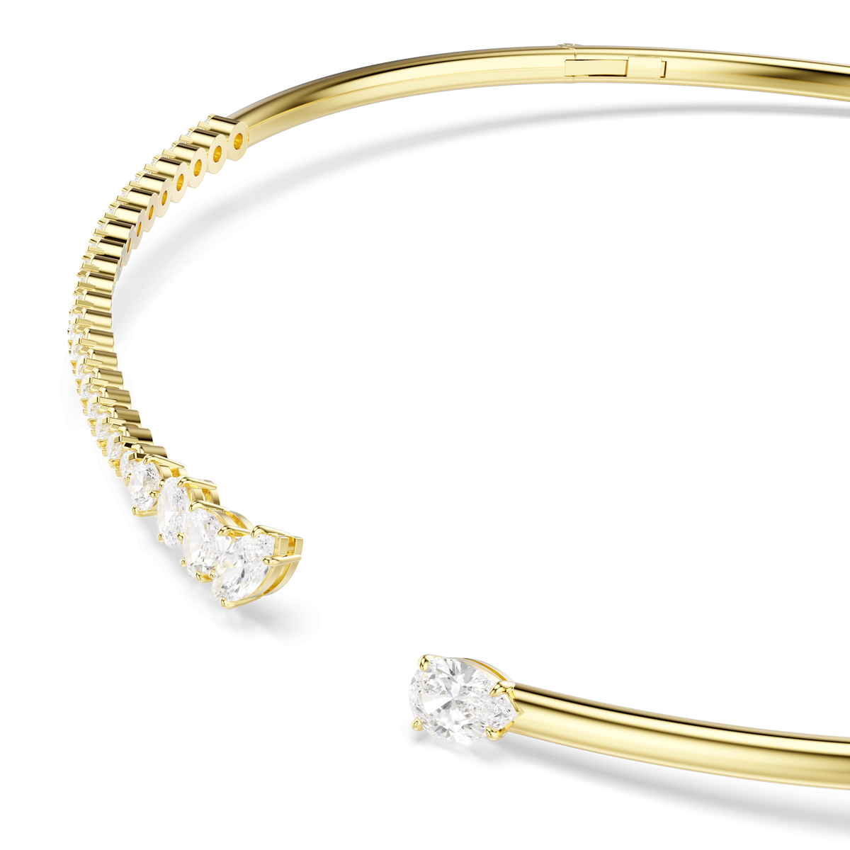 Elevate your look with the Swarovski Mesmera choker: this dazzling piece from Swarovski showcases a row of sparkling, mixed-cut clear Swarovski Zirconia on one side, set against a crisp white background and finished in elegant 18K gold—a truly eye-catching and sophisticated accessory.