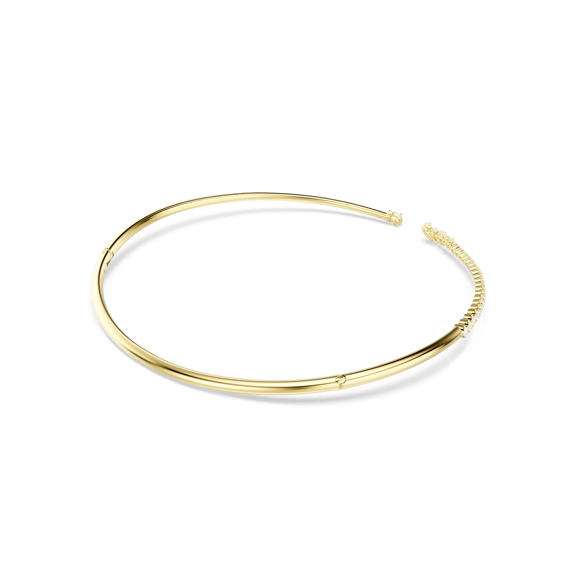 The Swarovski Mesmera choker, featuring a sleek 18K gold finish and adorned with a delicate arrangement of mixed-cut white stones along one end, makes an eye-catching jewelry statement from Swarovski, elegantly showcased on a plain white background.