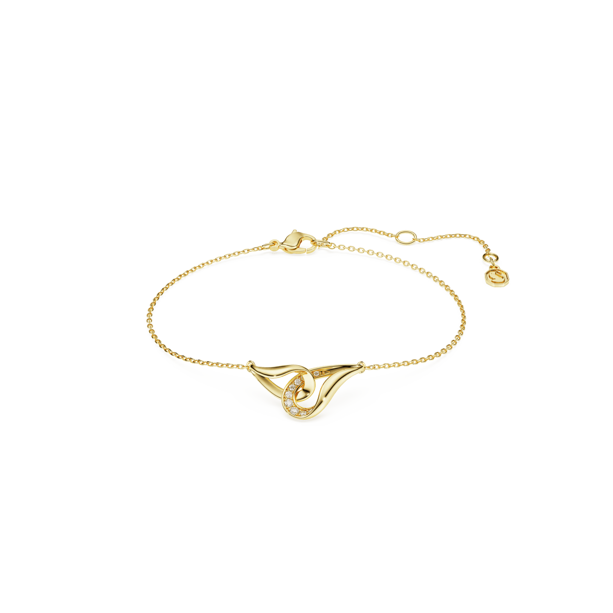 Swarovski Classica bracelet, crafted in sterling silver with an 18K gold finish, features interlocking round-cut elements adorned with sparkling white crystals. The adjustable clasp is finished with a small round charm, and the piece is displayed against a plain white background.