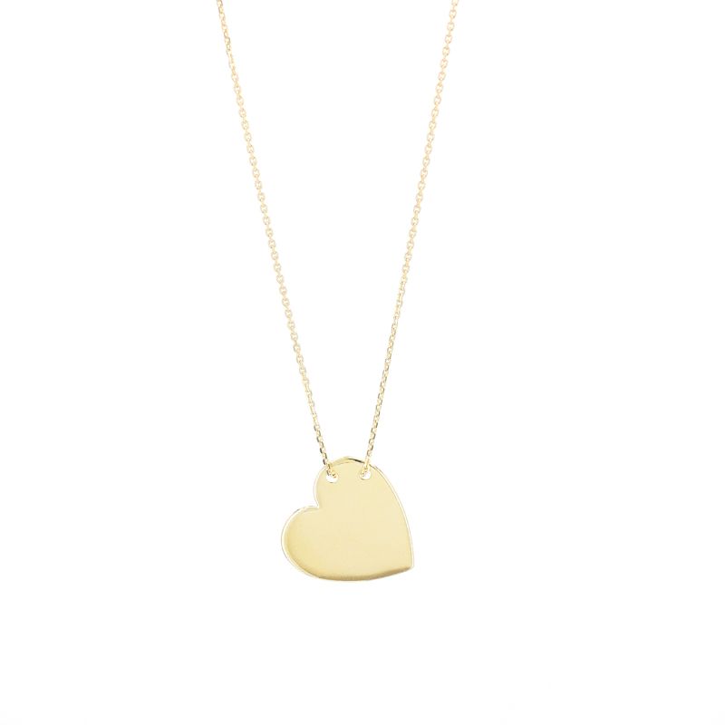 The Raffi&Co.® 14K Yellow Gold Heart Shaped Engravable Pendant Necklace is beautifully displayed on a white background. This exquisite piece of jewelry features a polished heart-shaped pendant that adds a personalized touch, elegantly suspended from a fine chain.