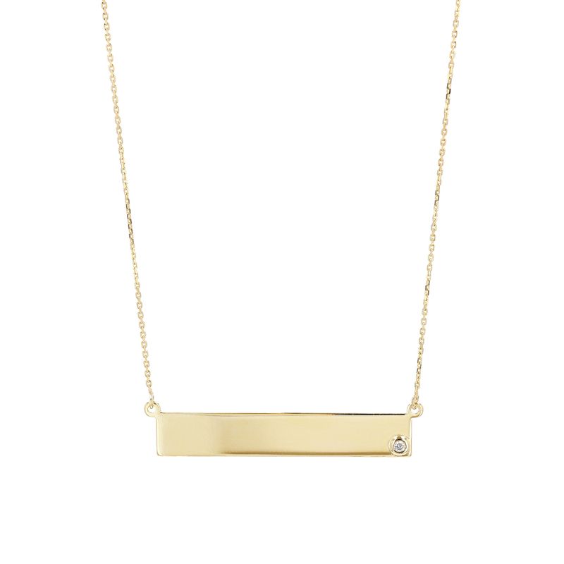 The Raffi&Co.® 14K Yellow Gold and Diamond Engravable Pendant Necklace features a vibrant yellow gold bar pendant with a small diamond accent on the lower right corner, elegantly suspended from a delicate chain against a white background. This exquisite piece can be personalized to make it truly unique and special.