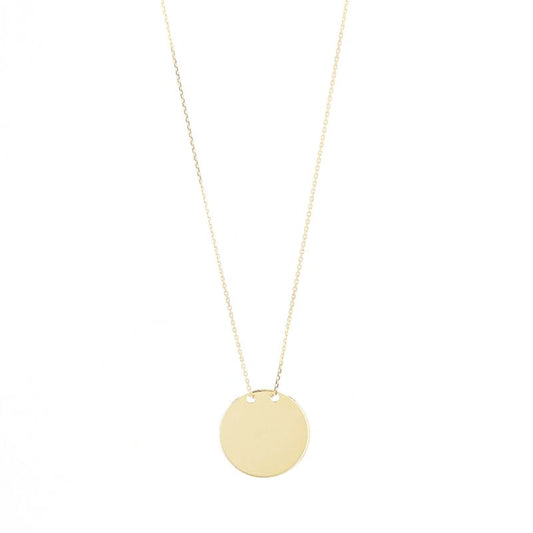 Explore the Raffi&Co.® 14K Yellow Gold Engravable Pendant Necklace, showcasing a sleek chain and a prominent, polished circular pendant against a pristine white backdrop. Ideal for adding a personal touch to complement any style.