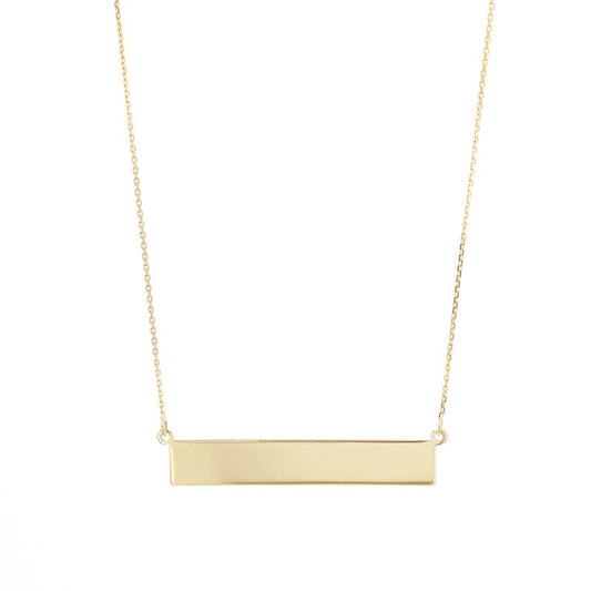 The Raffi&Co.® 14K Yellow Gold Engravable Pendant Necklace, featuring a sleek yellow gold bar on a fine chain, is elegantly positioned against a white background.