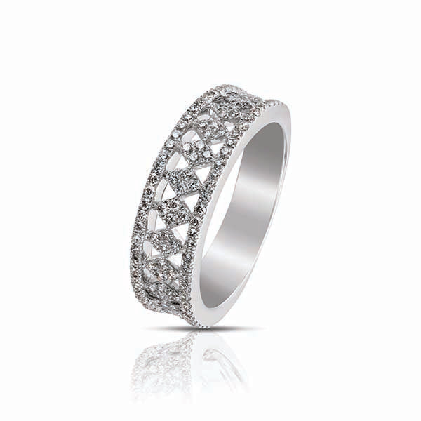 The Hulchi Belluni Dentelle Collection 18K White Gold Diamond Ring features an intricate lattice design and 0.67 CTW round brilliant diamonds, shown on a white background with a soft reflection.