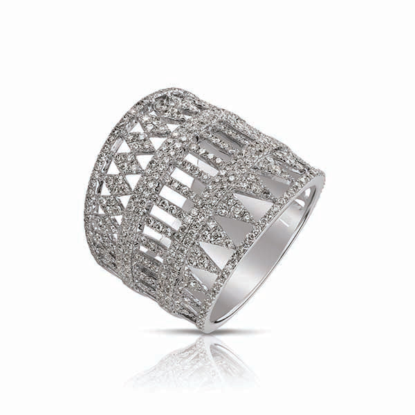 The Hulchi Belluni Dentelle Collection 18K White Gold Diamond Ring features an intricate lattice design with rows of sparkling round brilliant diamonds totaling 2.01 CTW, set against a plain white background.