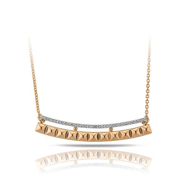 The Hulchi Belluni Cubini Collection 18K Rose and White Gold Diamond Necklace features a curved pendant with pyramid studs and sparkling Round Brilliant Diamonds on a delicate chain, shown against a white background.