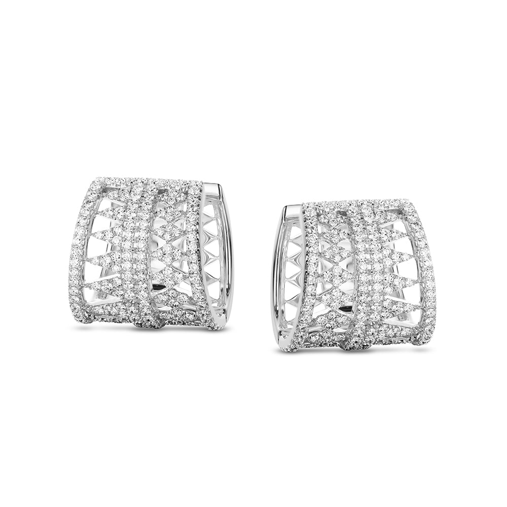 The Hulchi Belluni Dentelle 18K White Gold Diamond Earrings feature an open lattice design, a slightly curved rectangular shape, and are set with 1.45 CTW round brilliant diamonds.