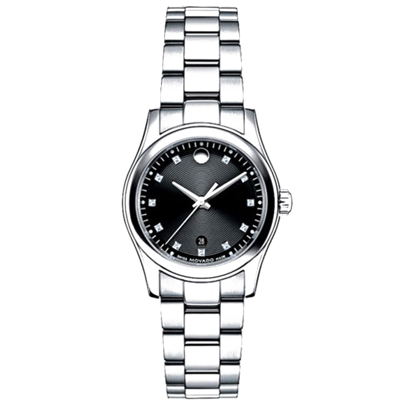 The Movado Series 800 Quartz 42mm Watch by Movado showcases a silver wristwatch with a black textured dial featuring silver markers and a date display. Its minimalist design is enhanced by a polished metal bracelet strap, making it an elegant accessory for any occasion.