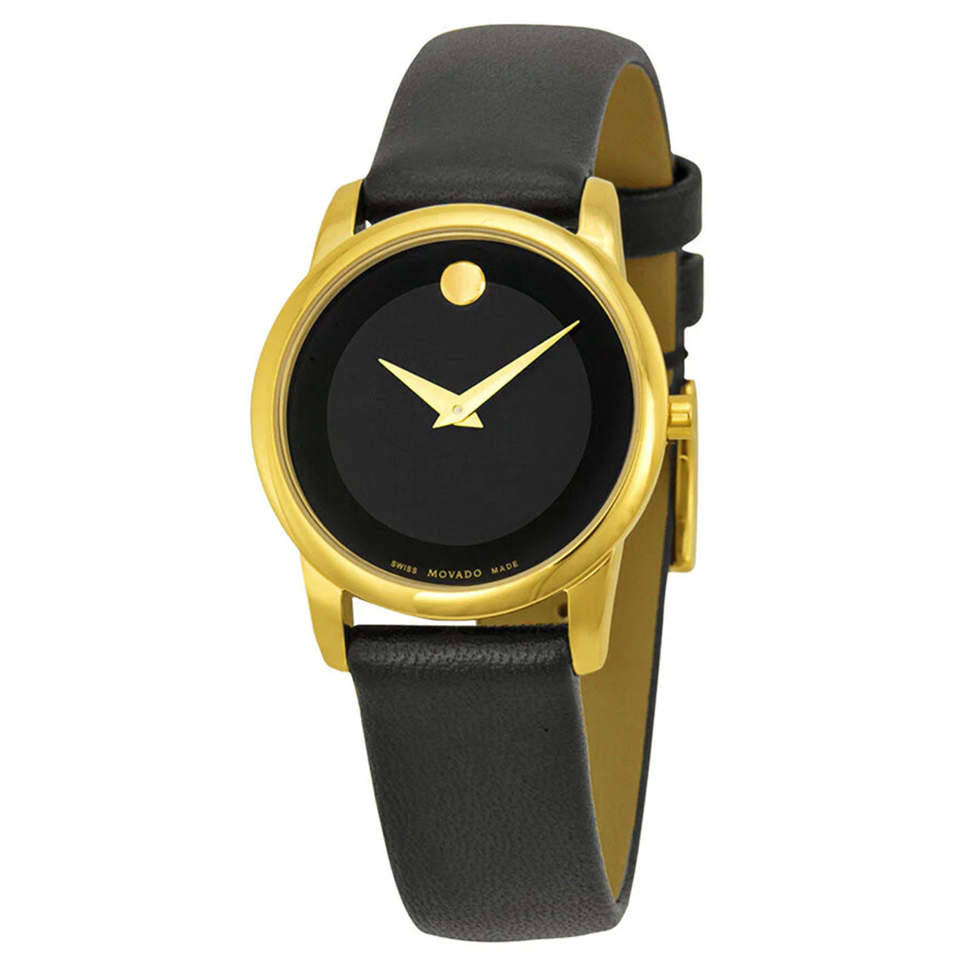 The Movado Museum Classic Quartz 28mm Watch by Movado boasts a sleek black face adorned with a single gold dot at 12 o'clock, complemented by elegant gold hour and minute hands. This stylish timepiece is completed with a sophisticated black leather strap.