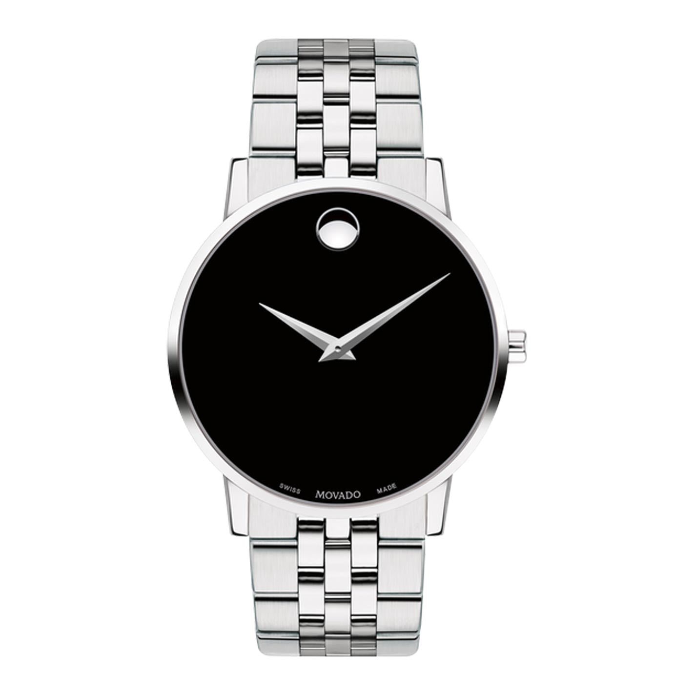 The Movado Museum Classic Quartz 40mm Watch by Movado showcases a sleek, modern design with minimalist allure. It includes a black Museum dial, silver hands, and features a signature single dot at the 12 o'clock position. The watch's elegant appeal is further enhanced by its stainless steel case and bracelet.