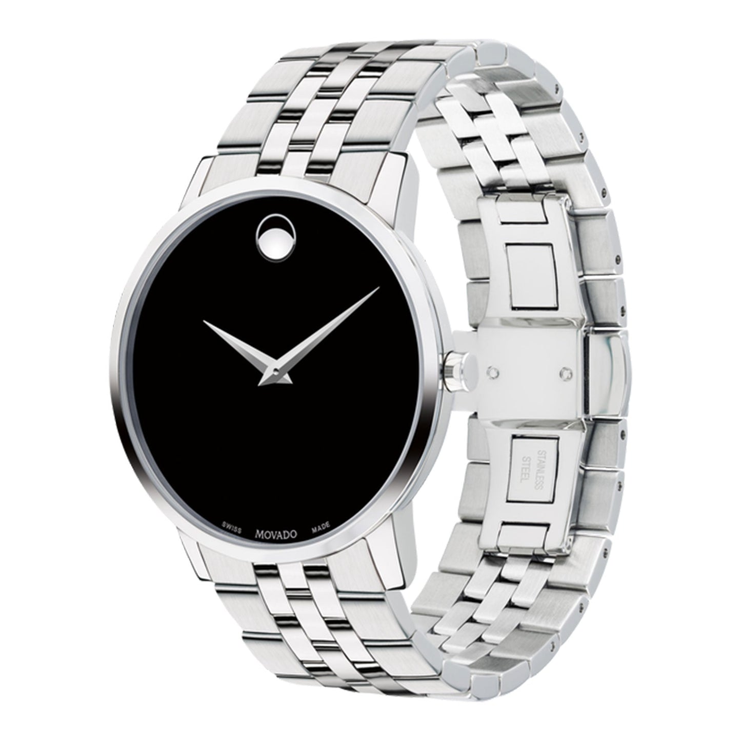 The Movado Museum Classic Quartz 40mm Watch showcases a stainless steel case, an elegant black Museum dial adorned with a single dot at the 12 o'clock position, sleek silver hands, and a polished metal bracelet with a clasp.