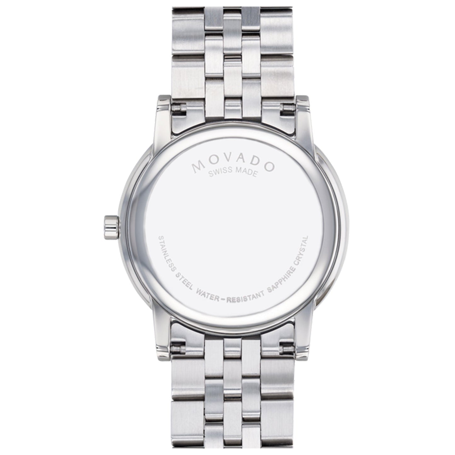 The Movado Museum Classic Quartz 40mm Watch, crafted by Movado, features a sophisticated design with a stainless steel case showcasing its iconic black Museum dial. The elegant look is enhanced by a silver link bracelet, while the back bears the inscription "MOVADO SWISS MADE," highlighting its "STAINLESS STEEL WATER-RESISTANT SAPPHIRE CRYSTAL.