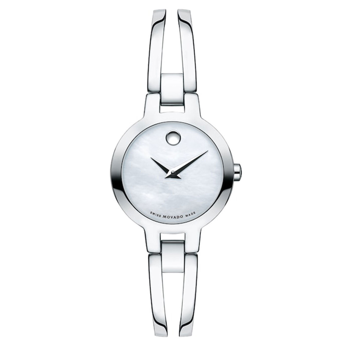 The Movado Amorosa Quartz 24mm Watch is an elegant silver women's wristwatch that boasts a minimalist round face with a distinctive single dot at the 12 o'clock position. It features a delicate, polished metal band with an open-link design that exudes modern sophistication, true to the Movado brand's style.