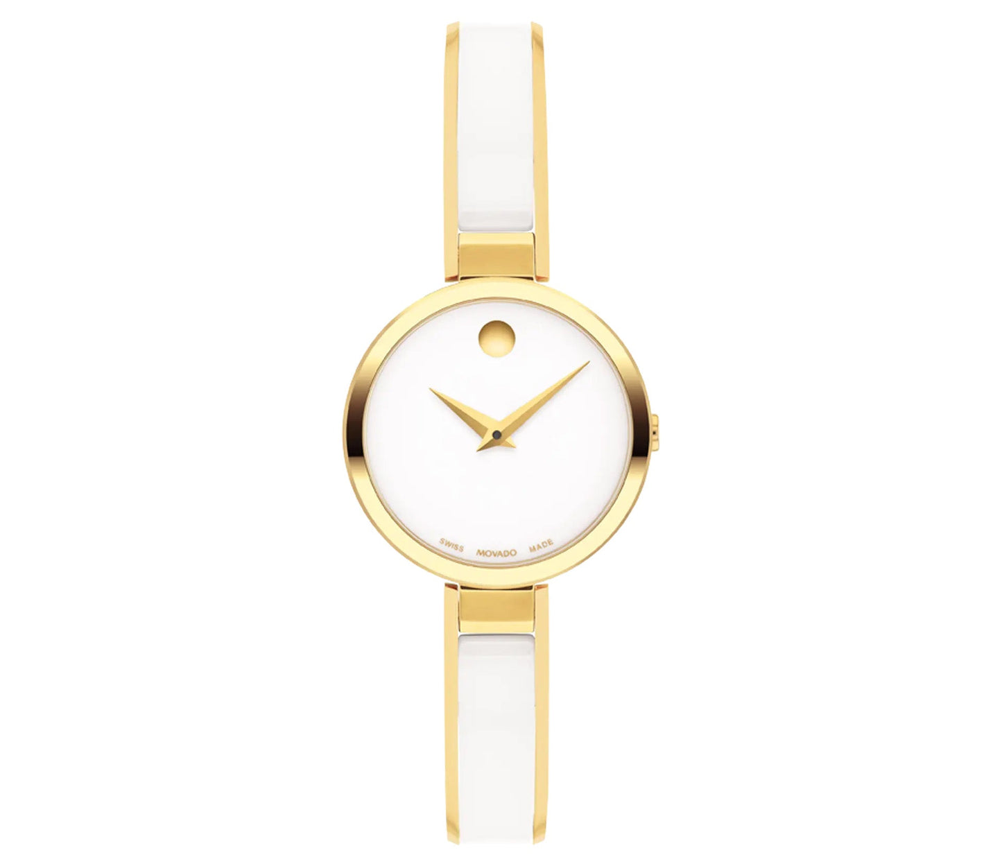 From the esteemed Movado brand, the Movado Moda Quartz 24mm Watch is a standout piece from their Moda Collection. This minimalist watch boasts a white dial highlighted by a single gold dot at the 12 o'clock position. It features slender yellow gold hour and minute hands, paired with a gold case and complemented by an elegant white ceramic and gold bracelet strap, epitomizing understated elegance.