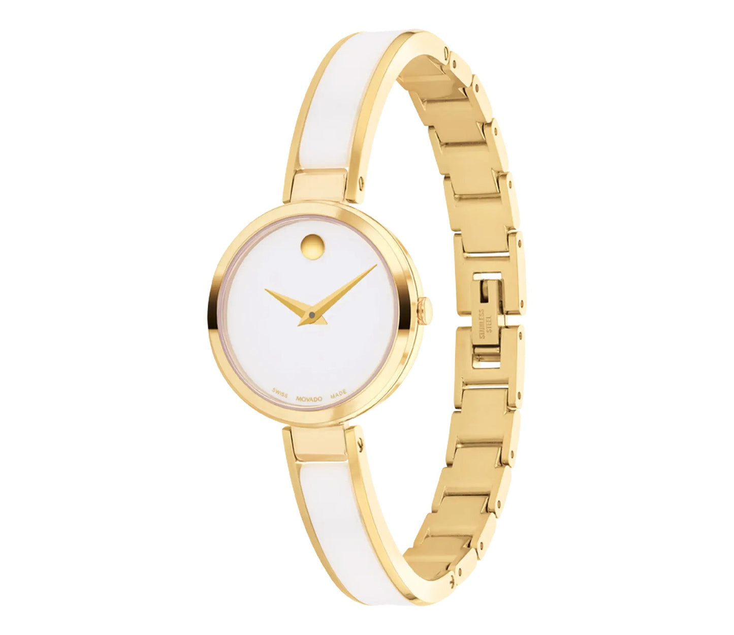 The Movado Moda Quartz 24mm Watch from the Moda Collection is a women's wristwatch with a gold-tone and white minimalist design. It has a round face, gold hands, and a white dial that lacks numerals. The strap is an elegant combination of yellow gold metal and white ceramic elements, giving it a modern look.