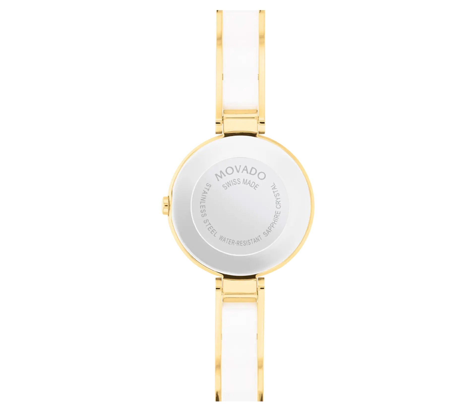 Rear perspective of the elegant Movado Moda Quartz 24mm Watch, showcasing a refined white ceramic strap highlighted with slender yellow gold-edged strips. The timepiece features an engraved back, indicating its Swiss craftsmanship, stainless steel construction, water resistance, and its adornment with a sapphire crystal.