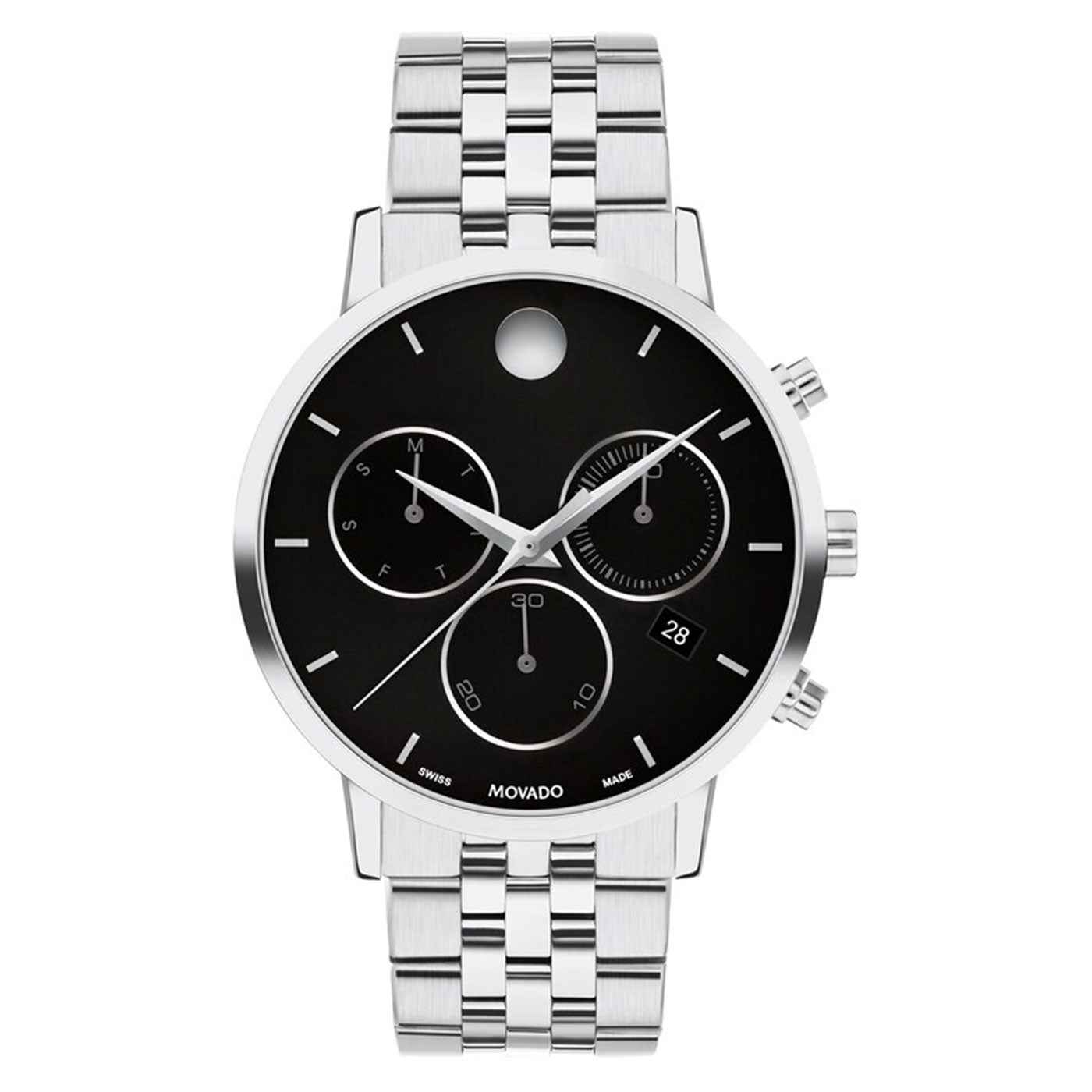 The Movado Museum Classic Quartz 40mm Watch, by Movado, features a black dial with three sub-dials for days, minutes, and seconds. Its minimalist design includes a date display and is enhanced by a stylish stainless steel bracelet.