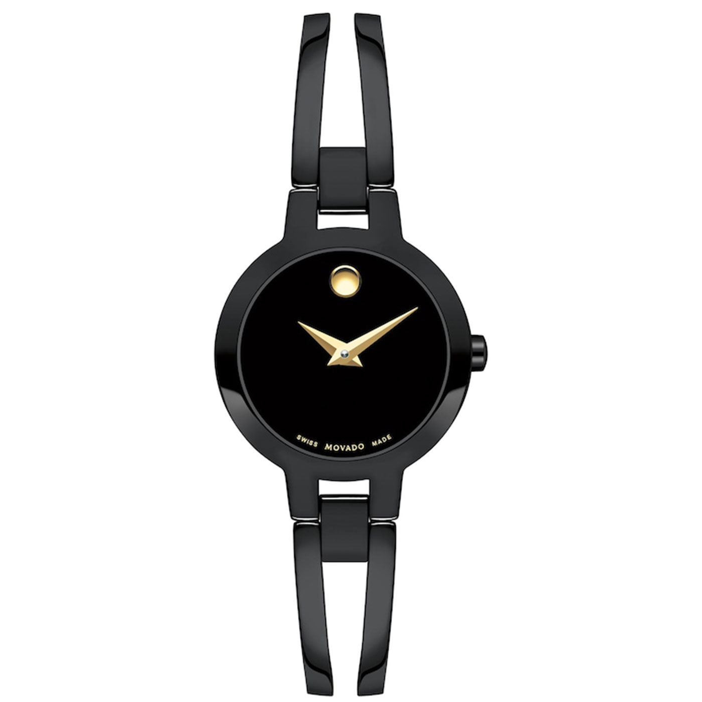 A sophisticated black Movado Bellina Quartz 36mm watch showcasing a minimalist design. It features a black dial adorned with a single gold dot at the 12 o'clock position and slender gold hands, complemented by an elegant, slim black metal bracelet.