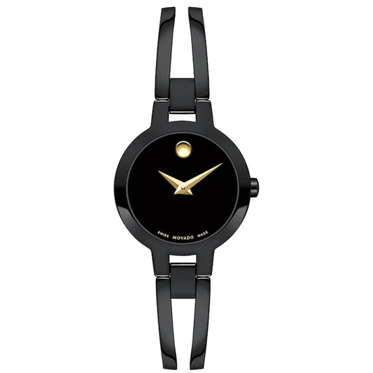 A sophisticated black Movado Bellina Quartz 36mm watch showcasing a minimalist design. It features a black dial adorned with a single gold dot at the 12 o'clock position and slender gold hands, complemented by an elegant, slim black metal bracelet.