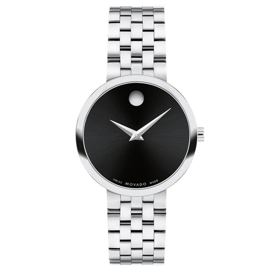 The Movado Ultra Slim Quartz 28mm Watch by Movado boasts a chic stainless steel band and a minimalist black dial. It includes silver-colored hour and minute hands, highlighted by a small dot at the 12 o'clock position, perfectly capturing a modern and elegant design.