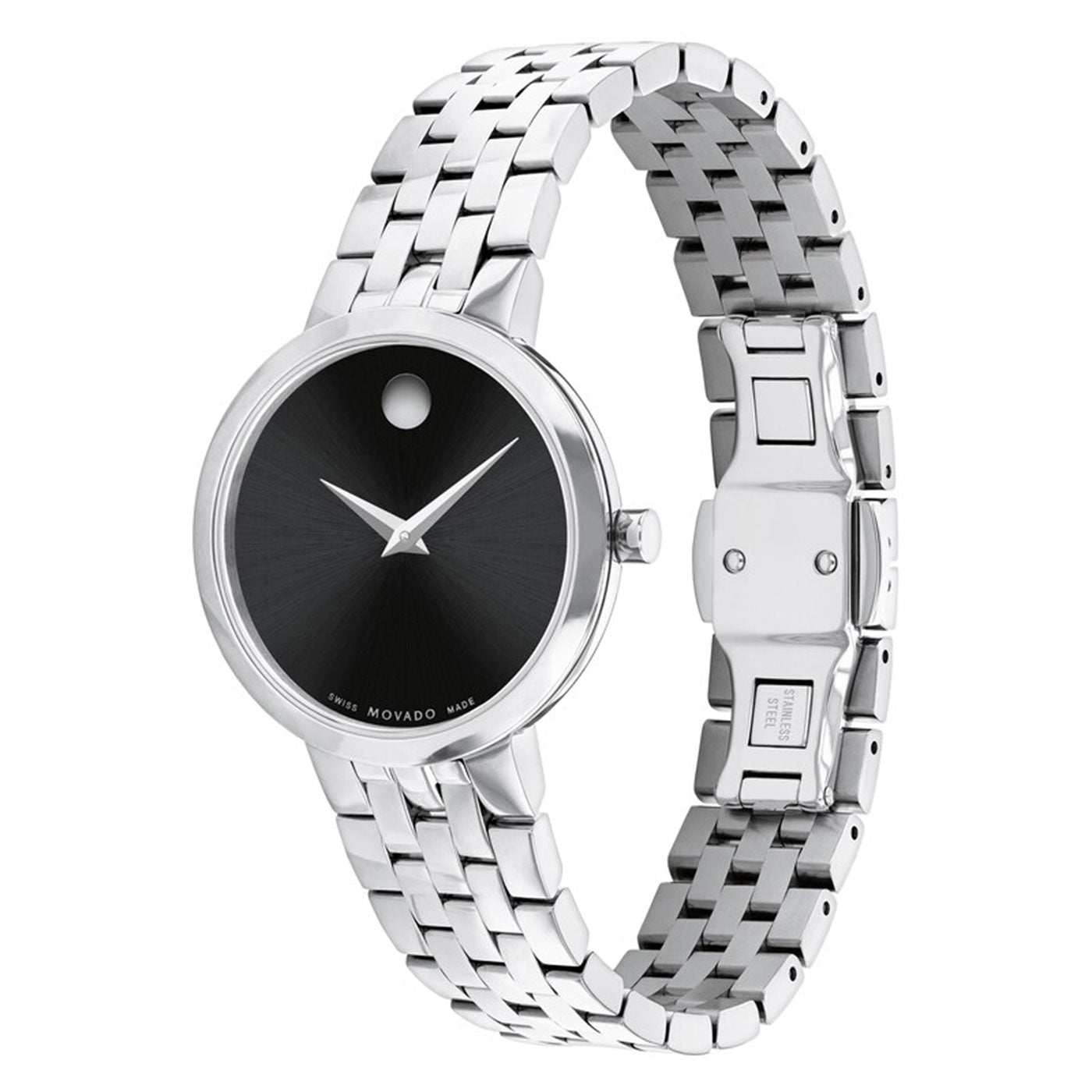 Discover the Movado Ultra Slim Quartz 28mm Watch, a refined timepiece with a contemporary design. It features a round black dial highlighted by a single silver dot at the 12 o'clock position, enhanced by two silver hands and a polished stainless steel bracelet, capturing the essence of elegance and minimalism.