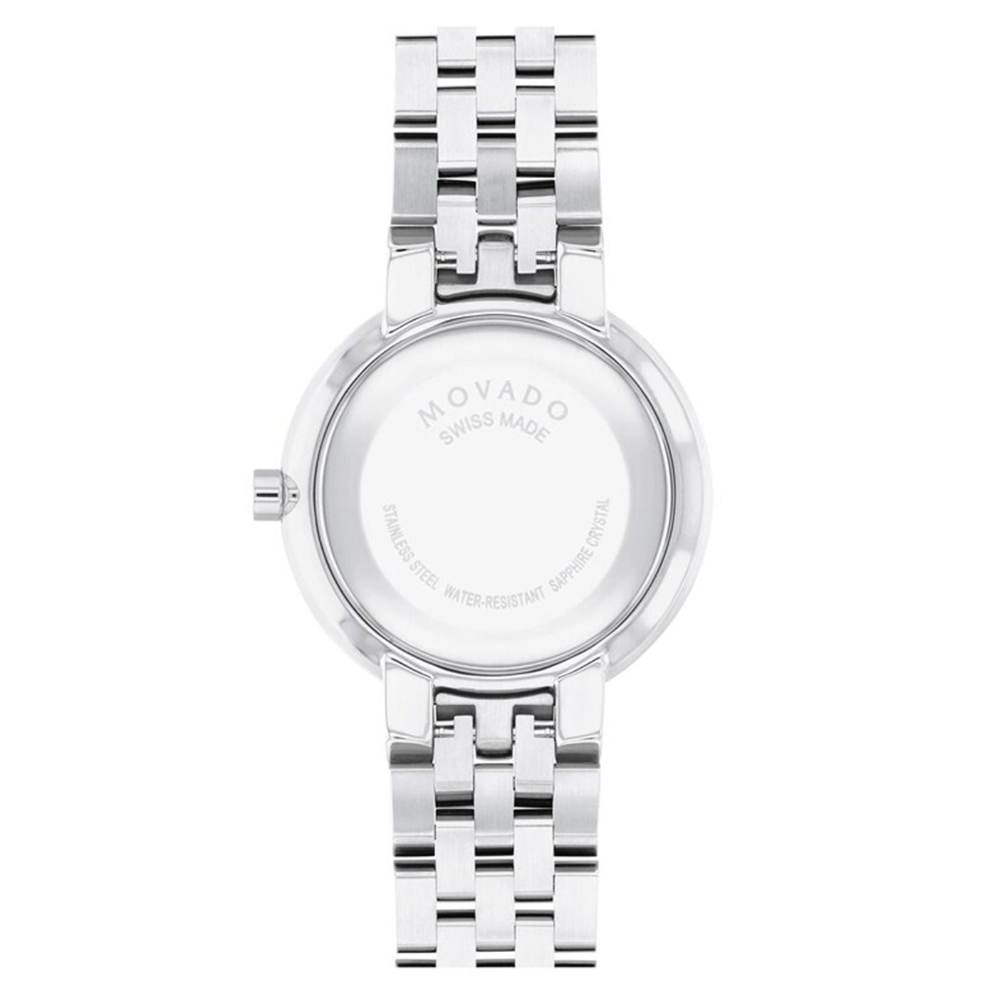 The refined elegance of the Movado Ultra Slim Quartz 28mm watch is highlighted by its stainless steel linked bracelet, elegantly displayed from the back to emphasize its Swiss Made craftsmanship. The back case features engravings providing information about its water resistance and sapphire crystal.