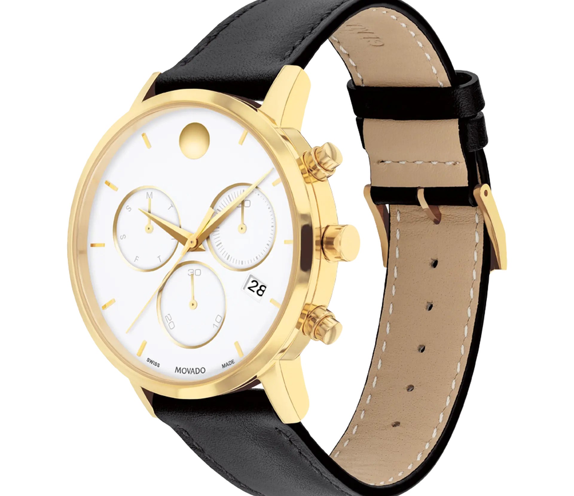 The Movado Museum Classic Quartz 42mm Watch is a stylish timepiece featuring a gold case and black leather strap. This modern design showcases a white museum dial with three smaller sub-dials, a date window, and sleek gold hour markers and hands.