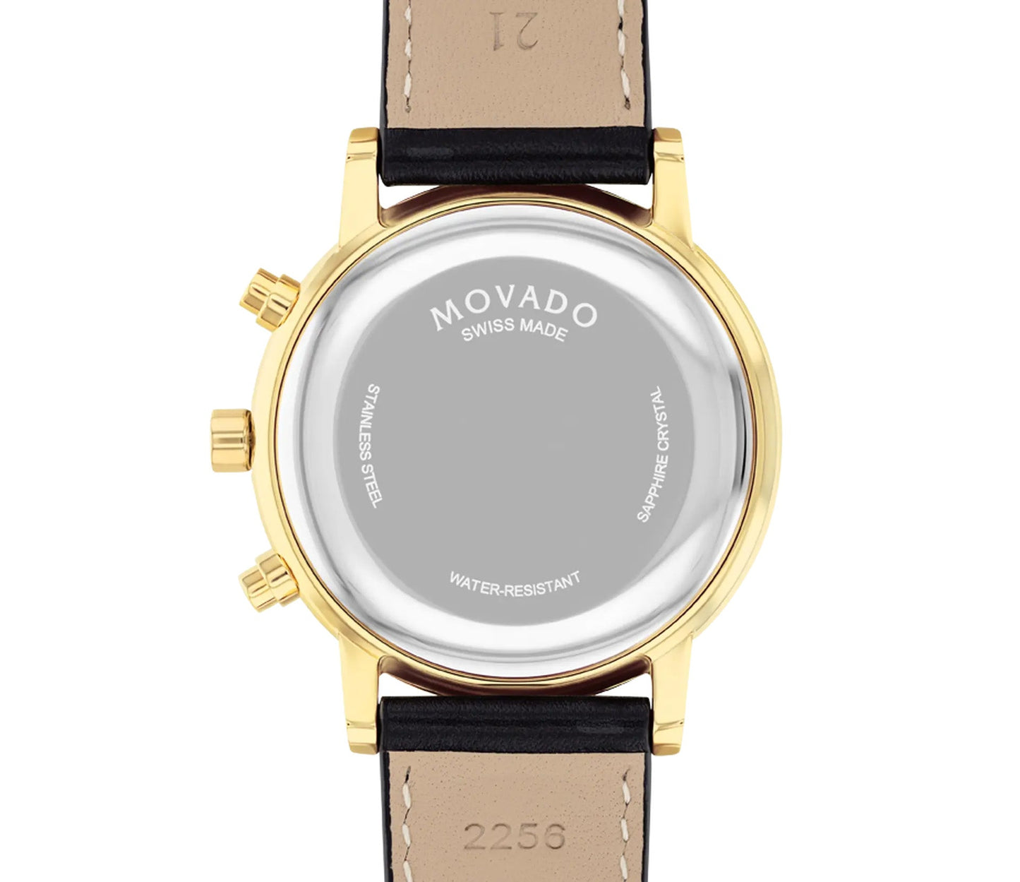 The image displays the back view of the Movado Museum Classic Quartz 42mm Watch, highlighting its gold-tone case and black leather strap. Engraved details include "Swiss Made," "Stainless Steel," and "Water-Resistant." Its contemporary design enhances the iconic museum dial, complete with a sapphire crystal for an extra touch of sophistication.