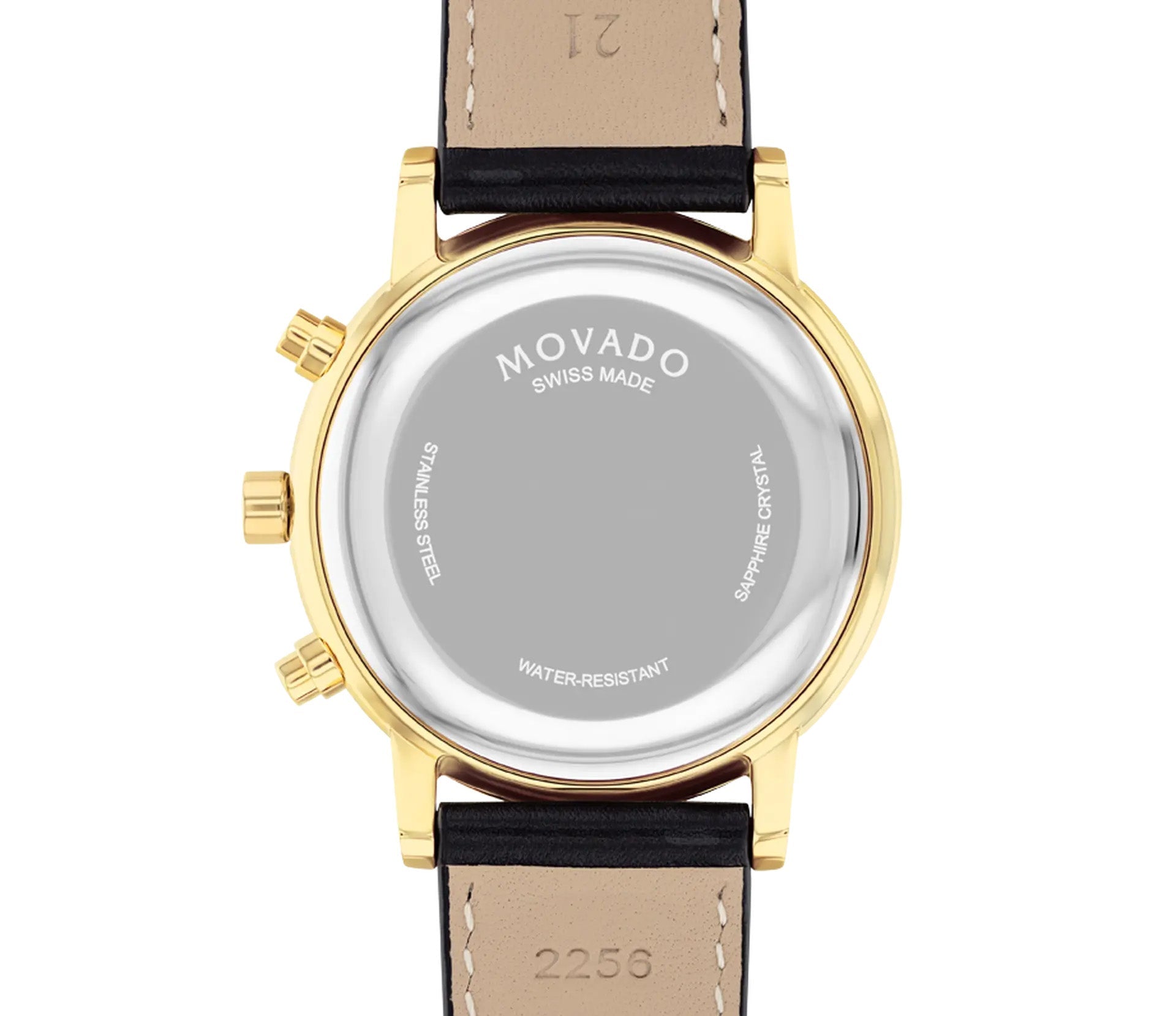 The image displays the back view of the Movado Museum Classic Quartz 42mm Watch, highlighting its gold-tone case and black leather strap. Engraved details include "Swiss Made," "Stainless Steel," and "Water-Resistant." Its contemporary design enhances the iconic museum dial, complete with a sapphire crystal for an extra touch of sophistication.