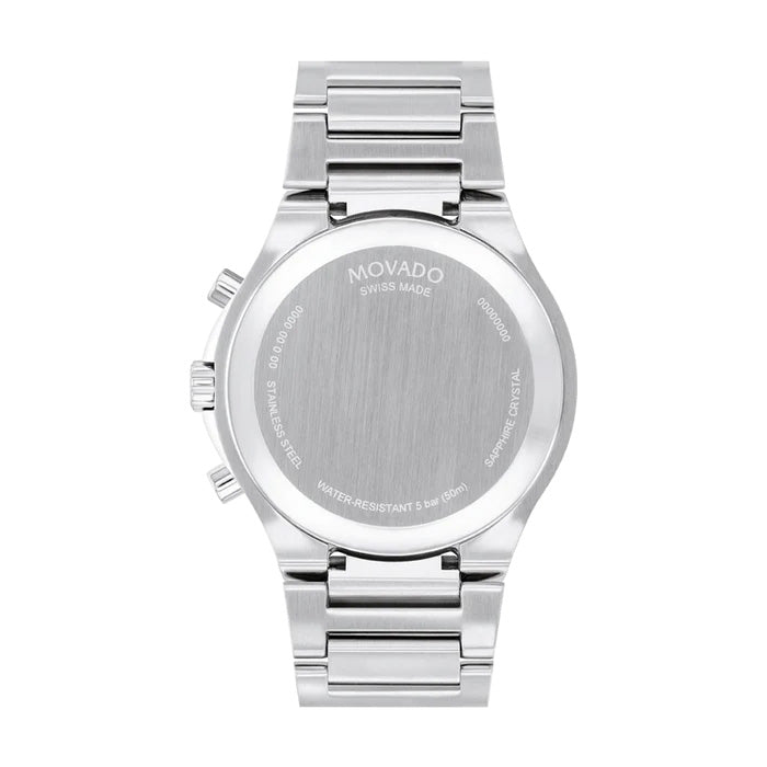 The image showcases the back of a Movado SE Solar 42mm Watch in silver, embodying Swiss craftsmanship with its stainless steel bracelet. Engraved with "Swiss Made" and "Water-Resistant 5 bar (50m)," it features a smooth, brushed metal finish that enhances its sport-elegant design.