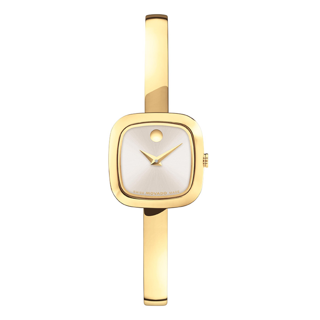 Gold-tone Movado Museum Bangle Quartz 21.5mm Watch with a square case, silver sunray dial, and a single dot at the twelve o’clock position.