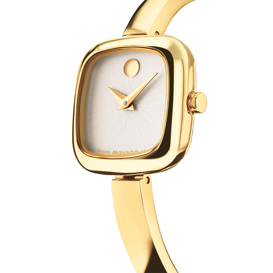 Gold-tone Movado Museum Bangle Quartz 21.5mm Watch featuring a square case with a white dial and a single dot at the twelve o’clock position.