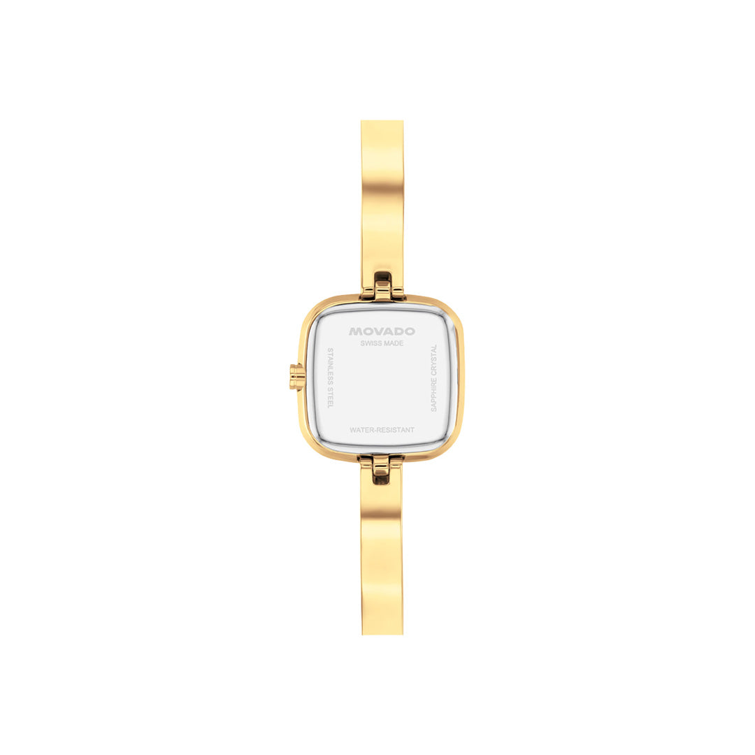 Back view of a gold PVD Movado Museum Bangle Quartz 21.5mm Watch with a square white case and a metal band.