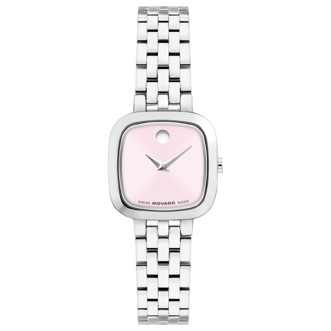 Movado Museum Classic Quartz 22mm x 22mm watch featuring a silver-toned stainless steel cushion case, a light pink Museum Dial with a single dot at the twelve o’clock position, and a multi-link metal band.