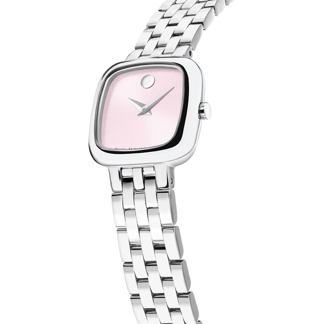 Movado Museum Classic Quartz 22mm x 22mm watch featuring a square stainless steel cushion case, a light pink Museum Dial with a single dot at twelve o’clock, and a silver-tone link bracelet.