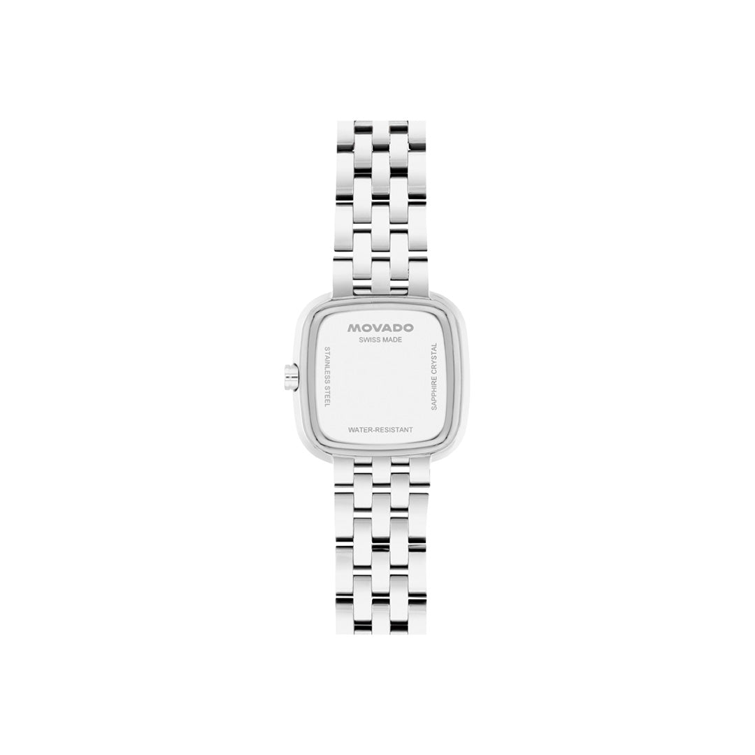 Back view of the Movado Museum Classic Quartz 22mm x 22mm Watch, showing the square stainless steel cushion case with markings and a silver metal link bracelet.