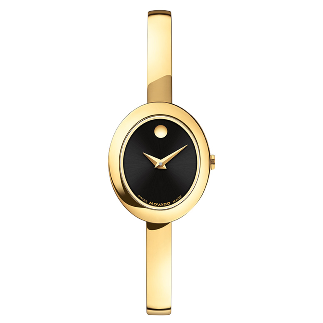Movado Museum Bangle Quartz 21.5mm x 25.5mm Watch in yellow gold PVD with a round black dial featuring a single gold dot at the twelve o’clock position.