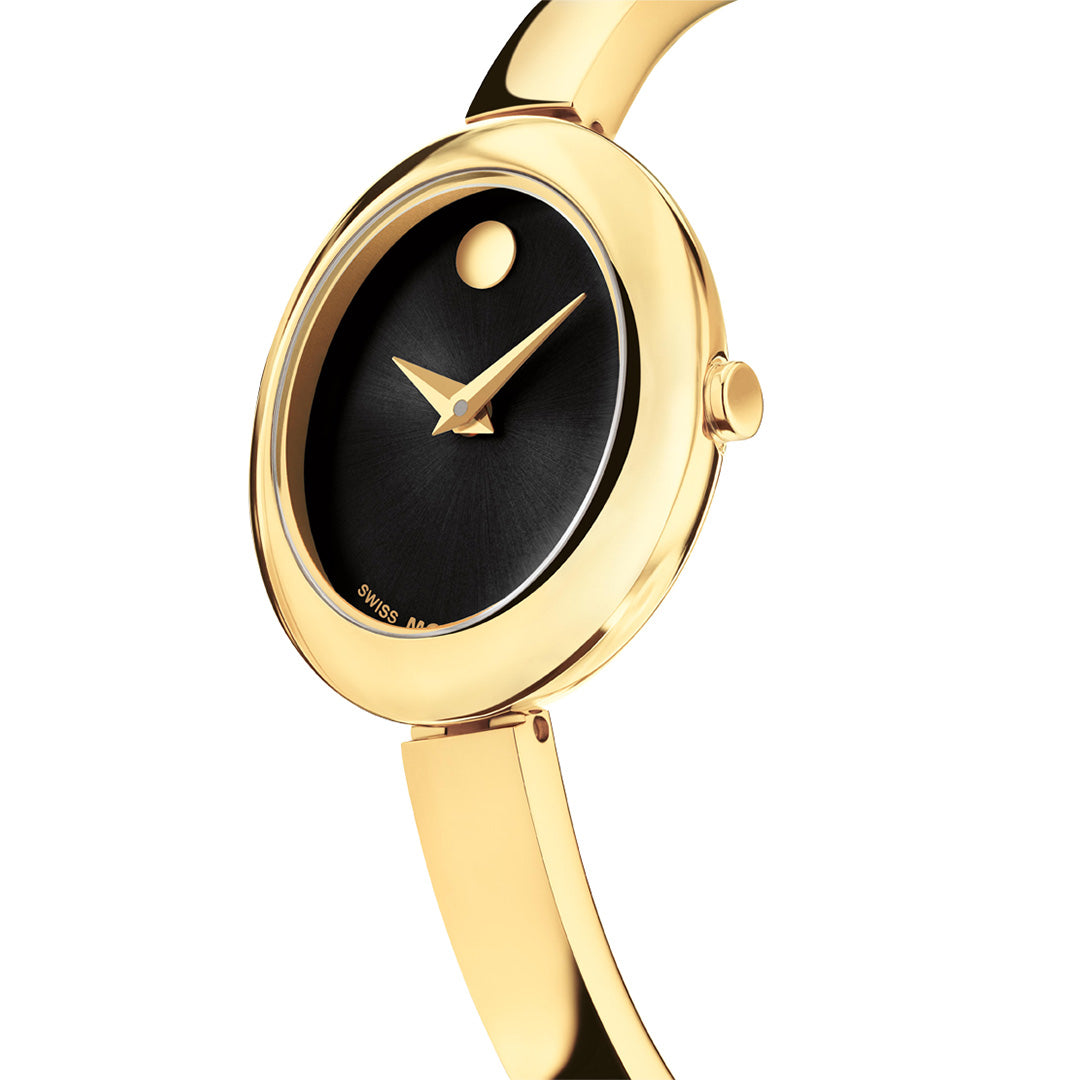 Movado Museum Bangle Quartz 21.5mm x 25.5mm watch in yellow gold PVD, featuring an oval dial with gold hands and a single dot at the twelve o’clock position.