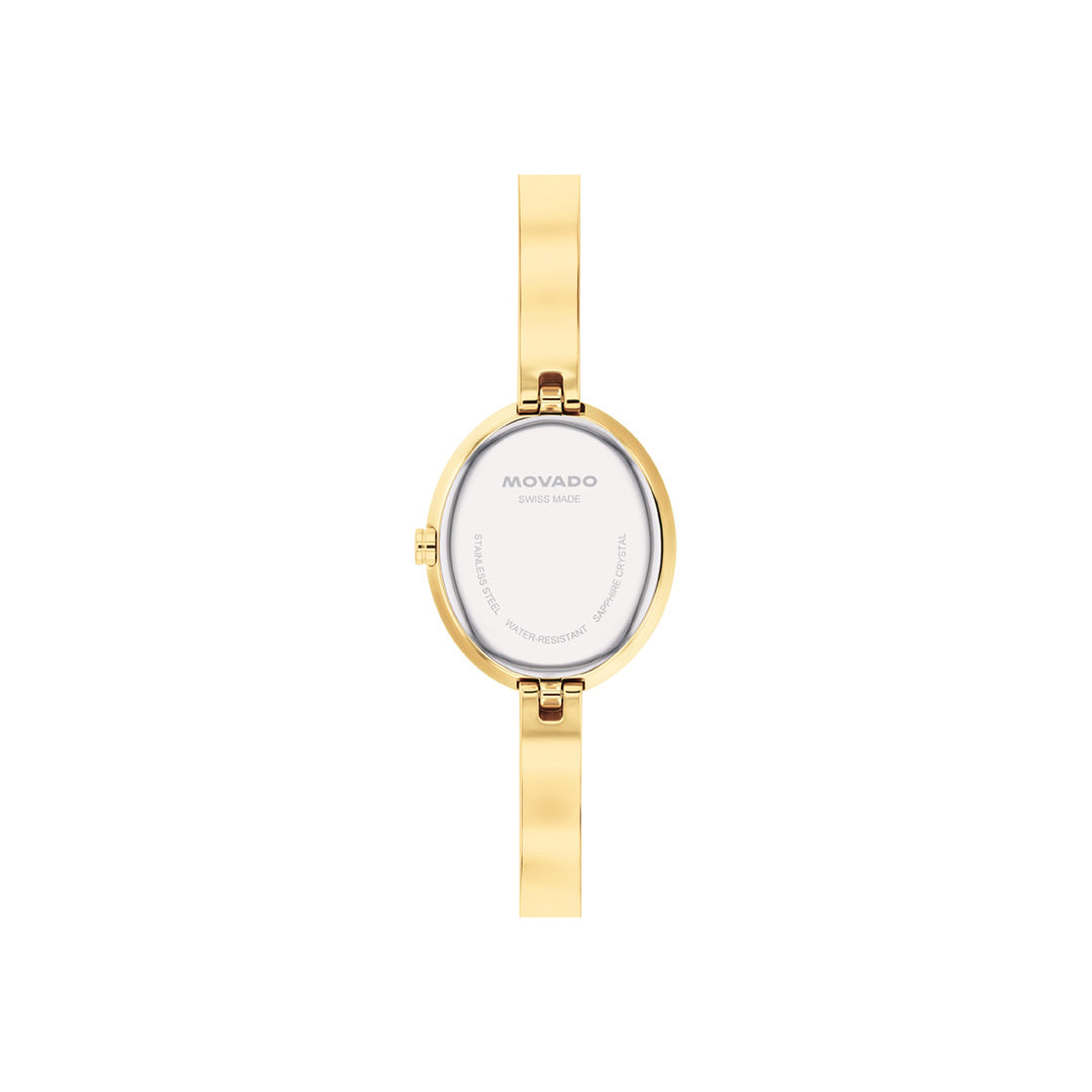 Back view of a yellow gold PVD Movado Museum Bangle Quartz 21.5mm x 25.5mm Watch, featuring an oval white face and a crown on the left side.