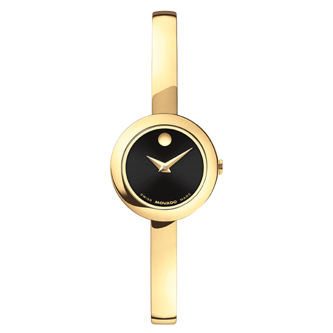 Gold-tone Movado Museum Bangle Quartz 22mm Watch featuring a round black dial, gold hands, and a single dot marker at the twelve o’clock position.