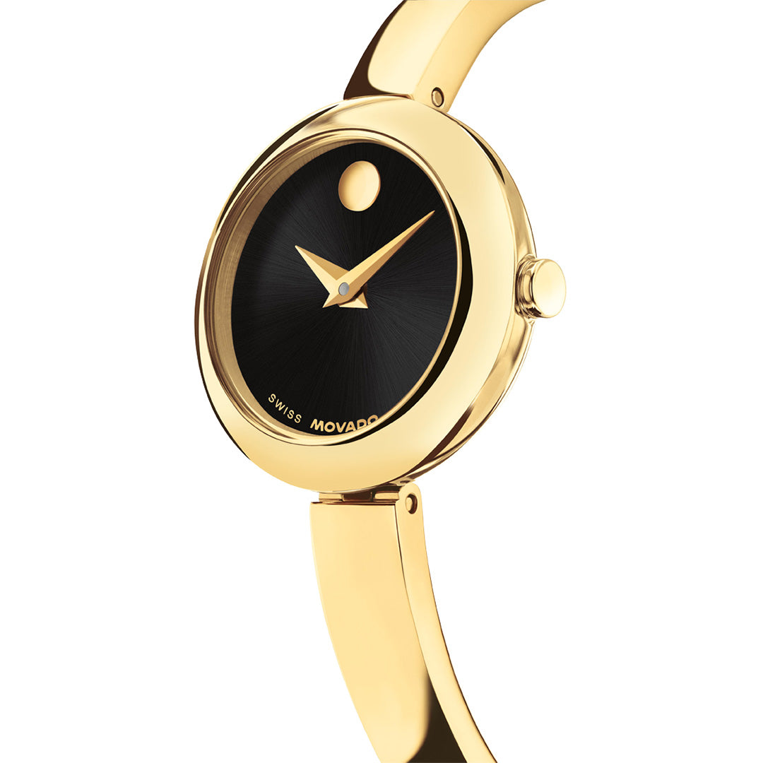 Movado Museum Bangle Quartz 22mm Watch in yellow gold PVD, featuring a round black dial with two hands and a single concave dot at the 12 o’clock position.