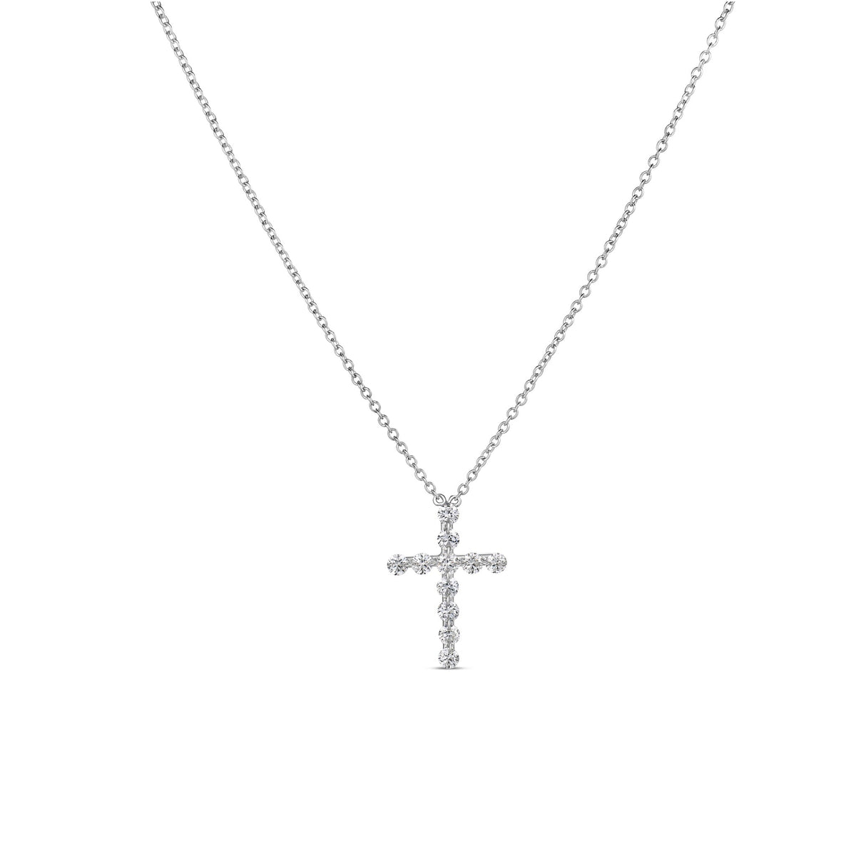 A delicate 18K white gold chain holding a small Roberto Coin 18K White Gold Diamond Cross Necklace Pendant set with round diamonds.